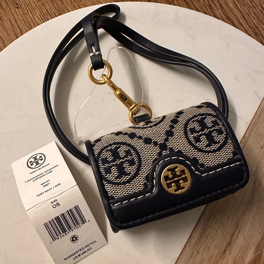 NWT! NEW! Tory Burch T Monogram Jacquard Leather Airpods Case Mini Bag -Navy